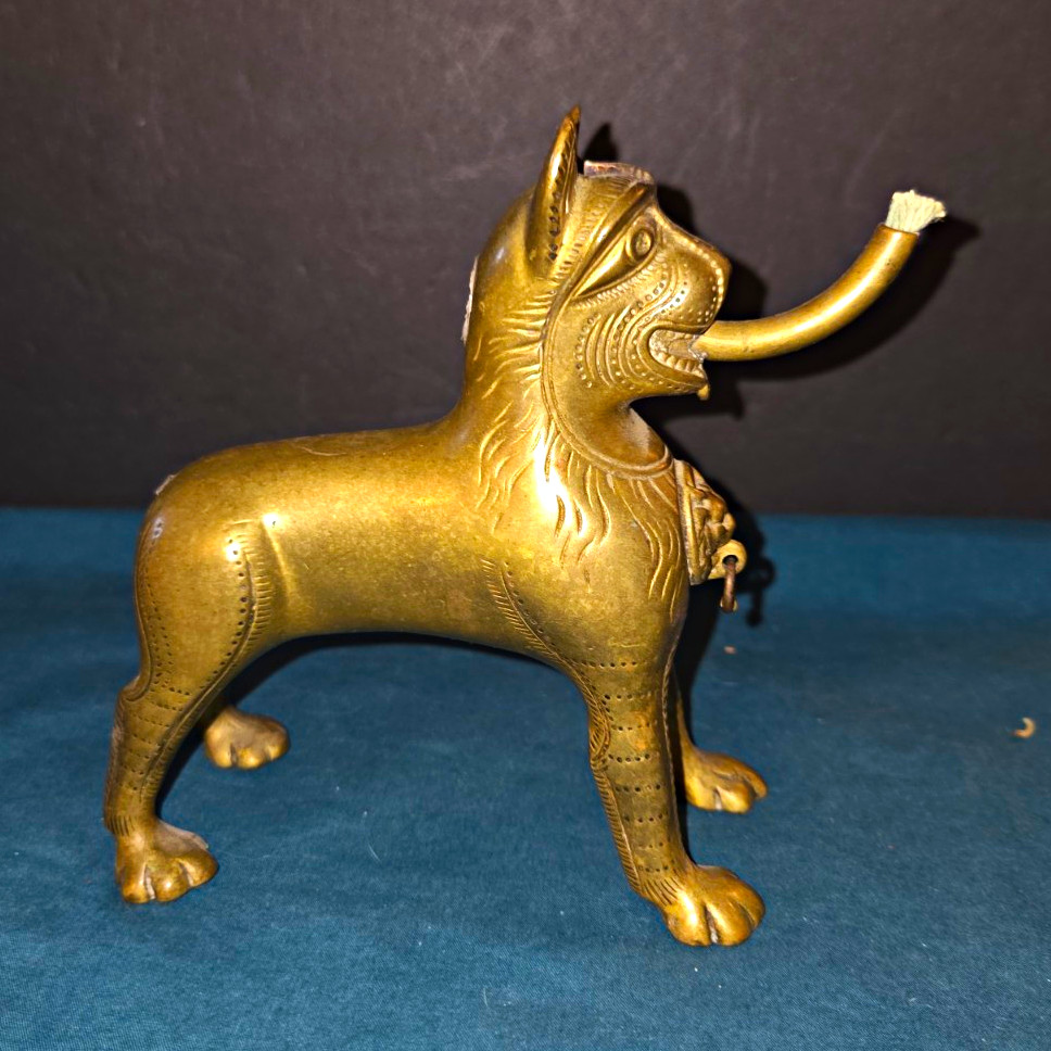 Antique Erhard & Sohne Bronze Brass Lion Aquamanile Oil Lamp Marked - AS-IS