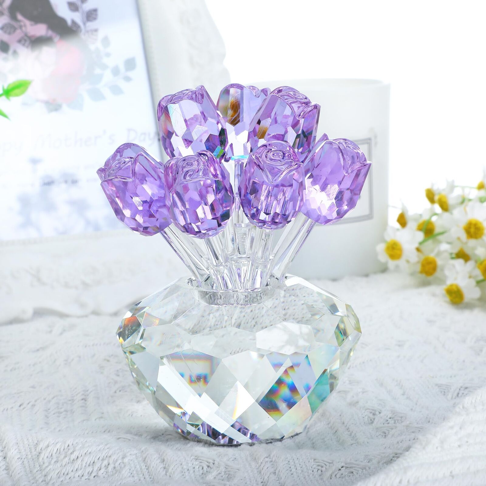 HDCRYSTALGIFTS Crystal Rose Flower Figurine Ornament Collectibles for Valenti...