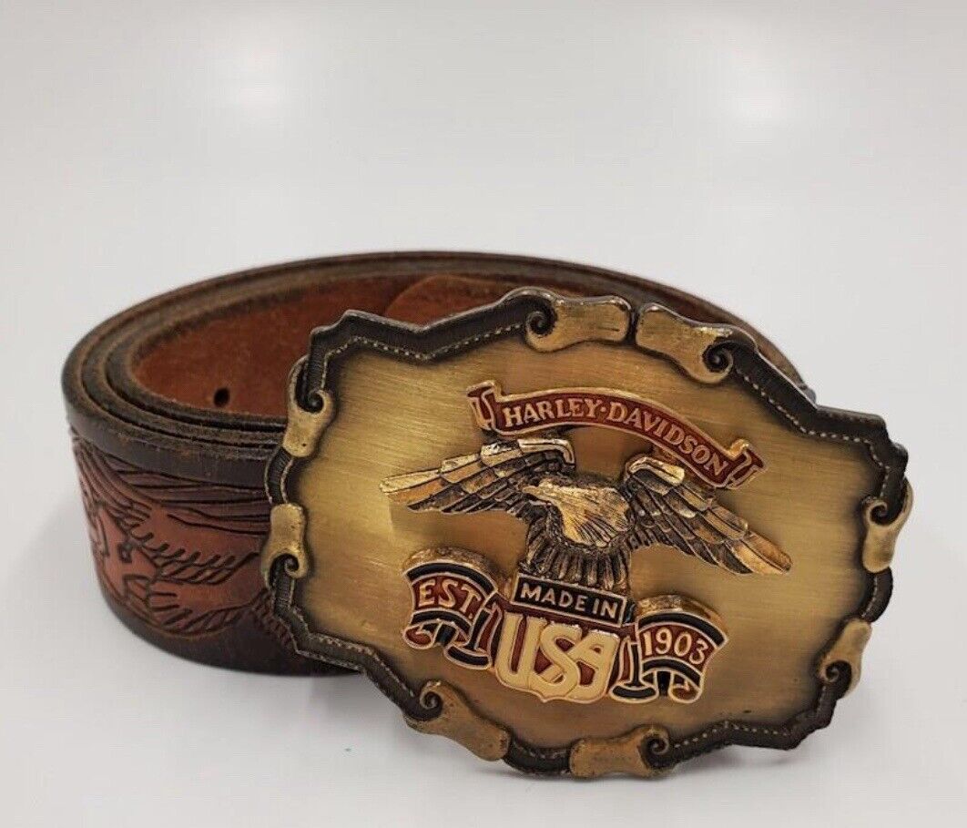 Harley Davidson Hand Tooled Brass Buckle Leather Belt (46”)