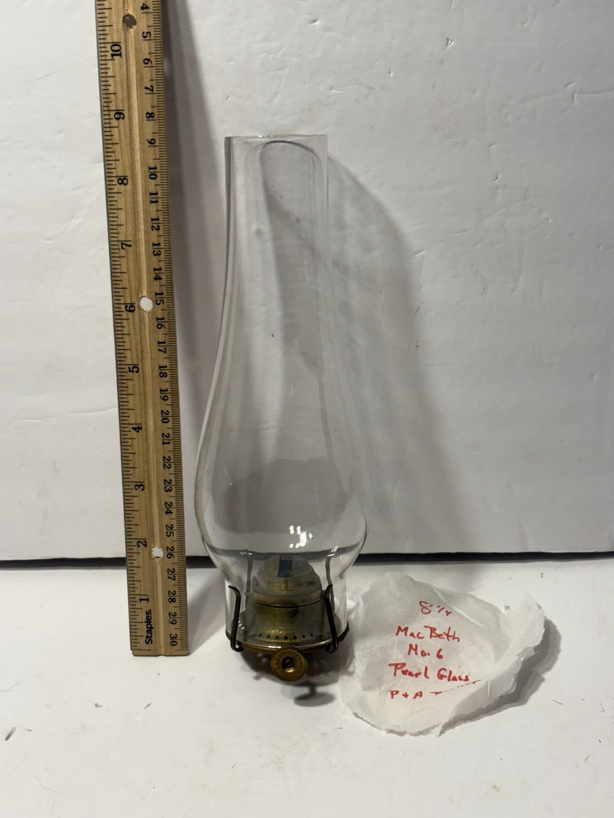 Antique Macbeth No 6 Pearl Glass Chimney W/ P & A Oil Lamp Burner Parts # 1