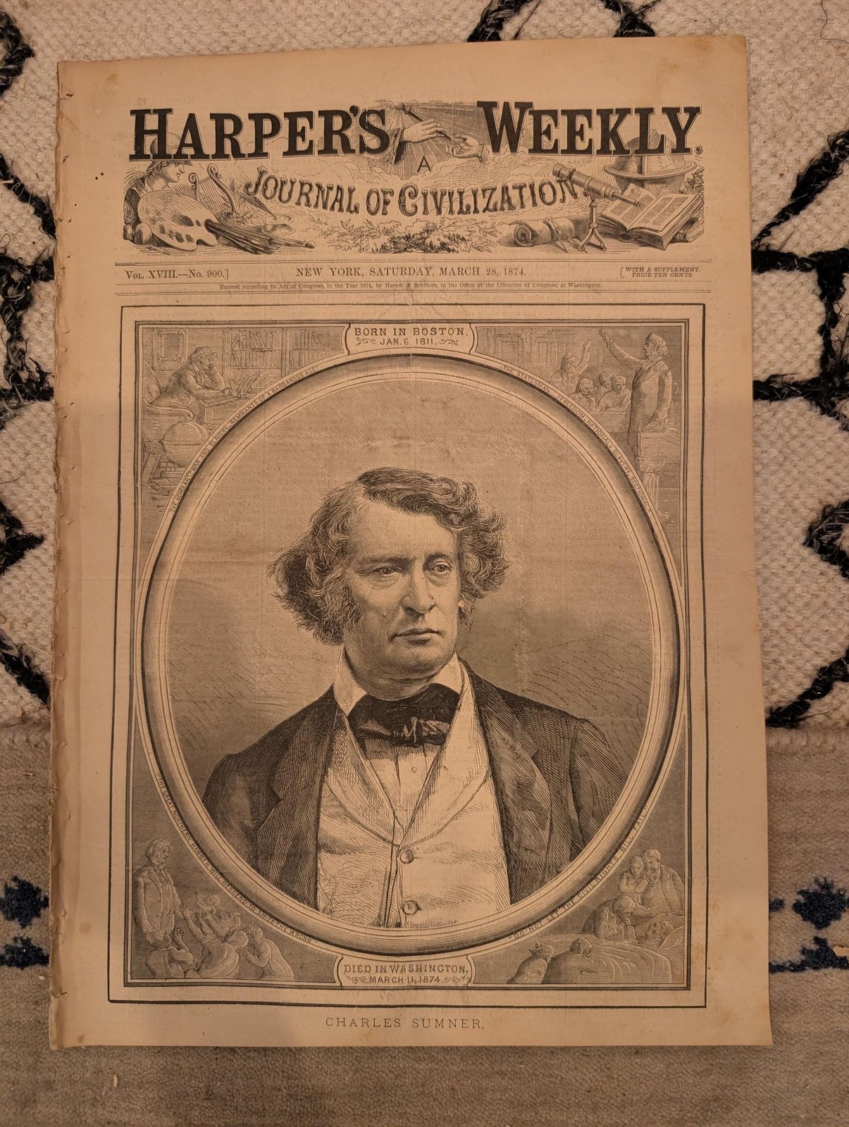 1874 Charles Sumner Memorial · Texas Cattle Drive · Harpers Weekly Mar 28