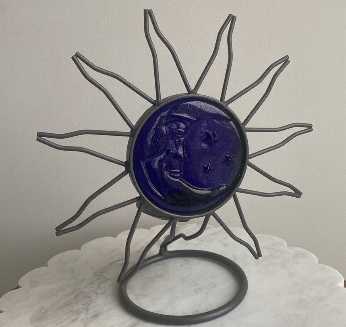 Vintage Metal Glass Cobalt Blue Moon & Star Celestial Candle Holder