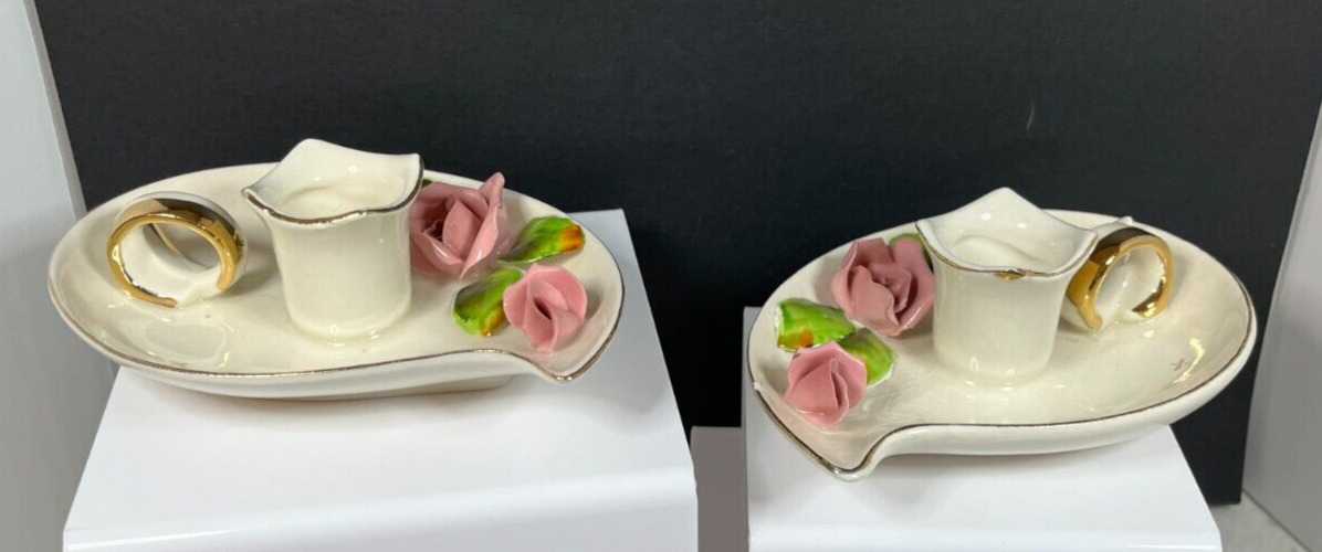 Vintage Lefton 3D Rose Leaf Shape Porcelain Candle Holders with Handles - 363