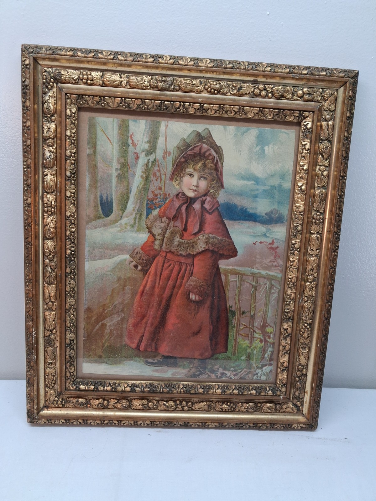 Antique Willimantic Spool Girl Lithograpg in Gilt Gesso Frame Antique Willimantic Spool Girl Lithograpg in Gilt Gesso Frame