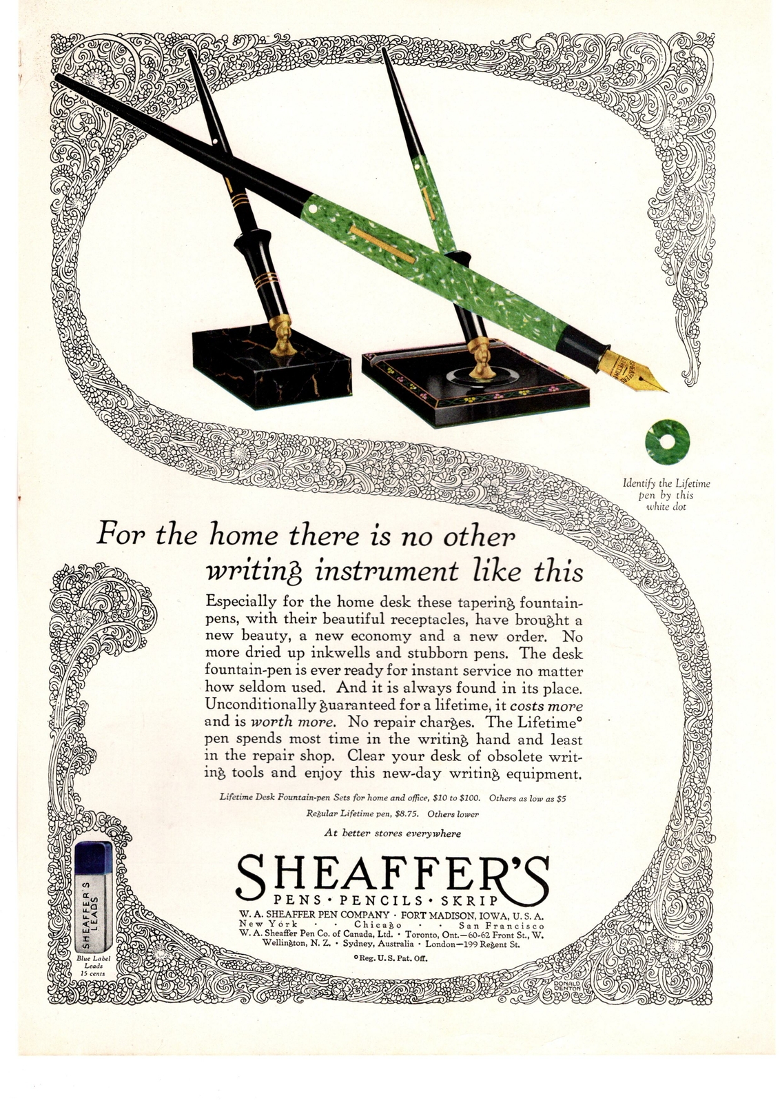 1927 W.A. Sheaffer Pen Company Fort Madison Iowa Desk Fountain Pens Set Print Ad