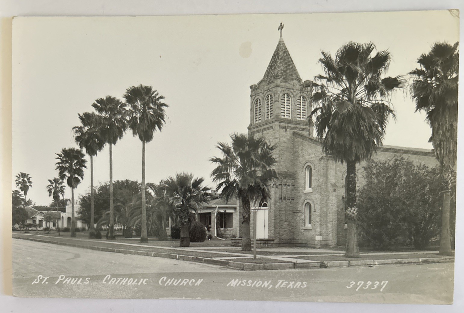 1945c Rppc Mission, Texas, Saint Paul’s Catholic Church rectory Street scene