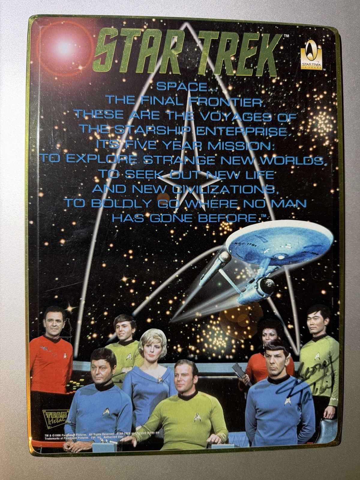 1996 Star Trek Team Metal Sign Autographed George Takei Sulu