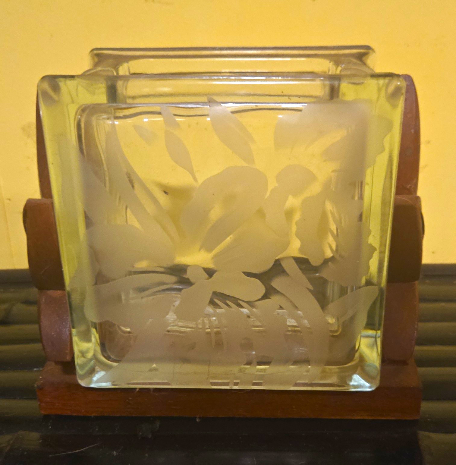 Clear Square Glass Vase, Etched Floral Pattern, Frosted Finish