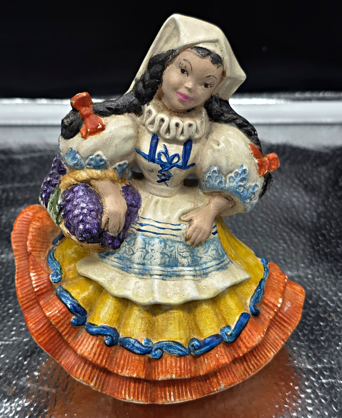 Vtg 1970s Hand Painted Ceramic Girl Figurine Multicolor Dress Signed