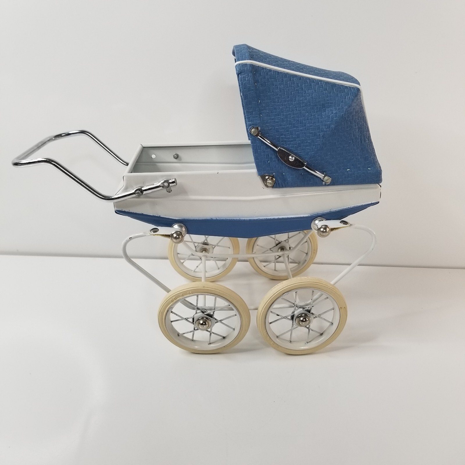 Mid Century French Doucet Doll Carriage Pram Buggy  12” L  Blue White France 