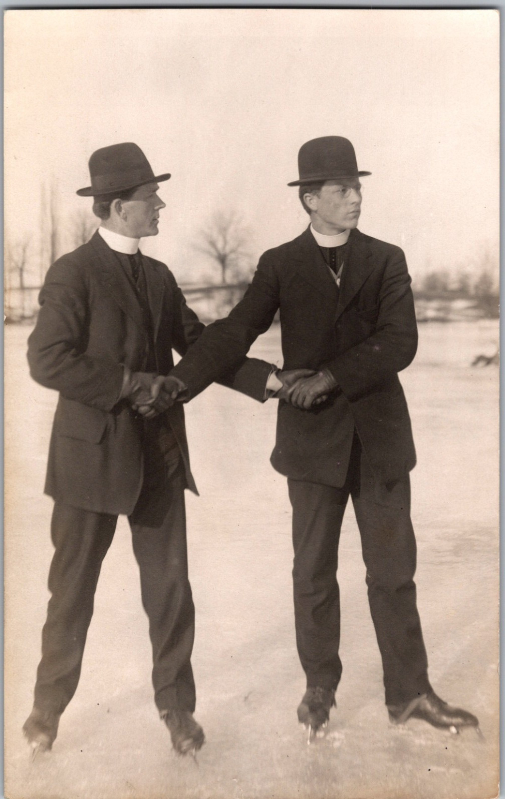 RPPC Two Priests Clergymen Shaking Hands Bowler Hats Antique Photo Postcard 1910 RPPC Two Priests Clergymen Shaking Hands Bowler Hats Antique Photo Postcard 1910