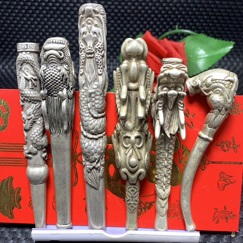 Tibetan Silver Pipe Statue of Sacred Dragon Handmade Tobacco Fishing Rod 6pcs