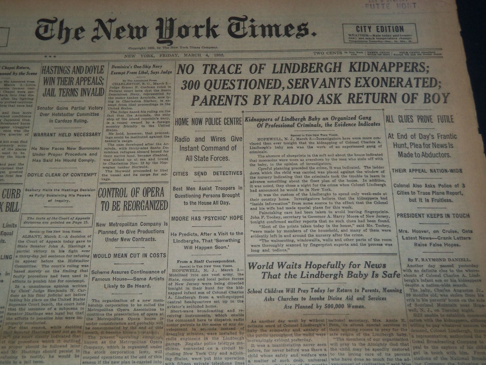 1932 MARCH 4 NEW YORK TIMES - WORLD WAITS HOPEFULLY THAT BABY IS SAFE - NT 7430