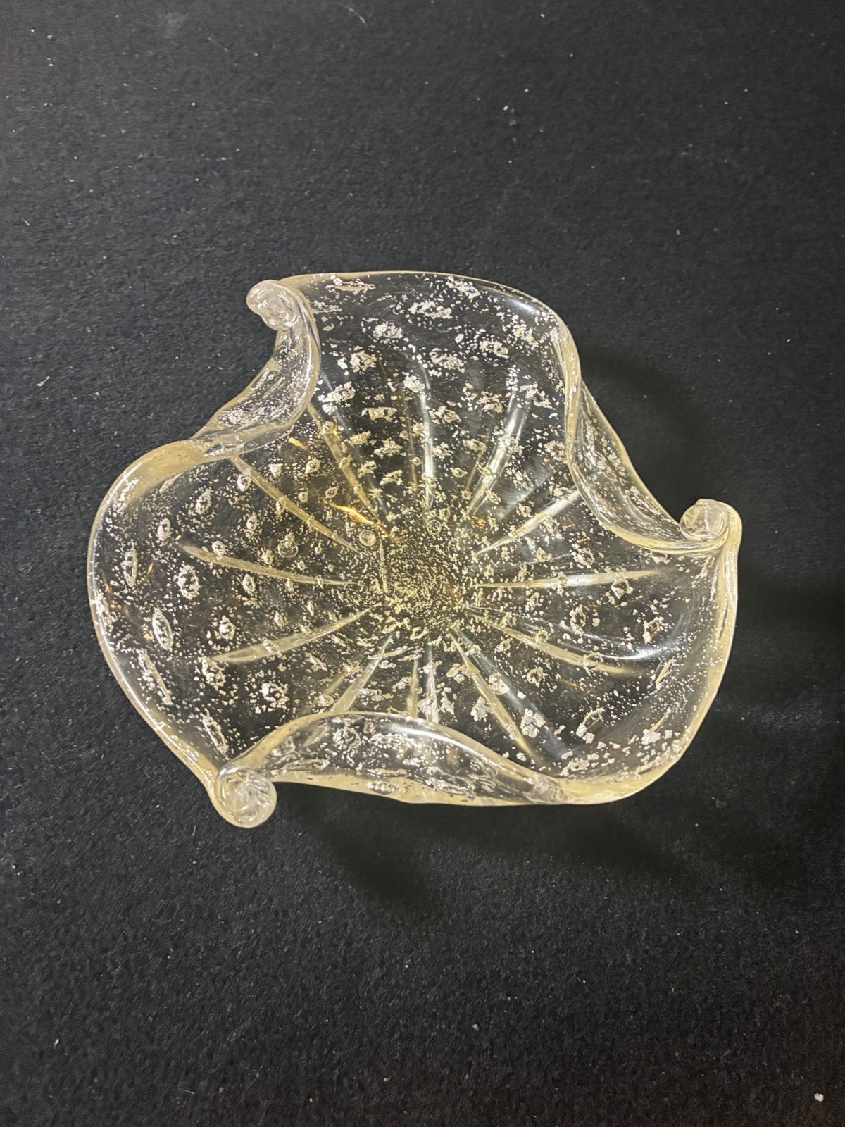 Murano Yellow Gold Aventurine Flecks VTG Bullicante Ruffled Bowl Candy Dish 7 Murano Yellow Gold Aventurine Flecks VTG Bullicante Ruffled Bowl Candy Dish 7