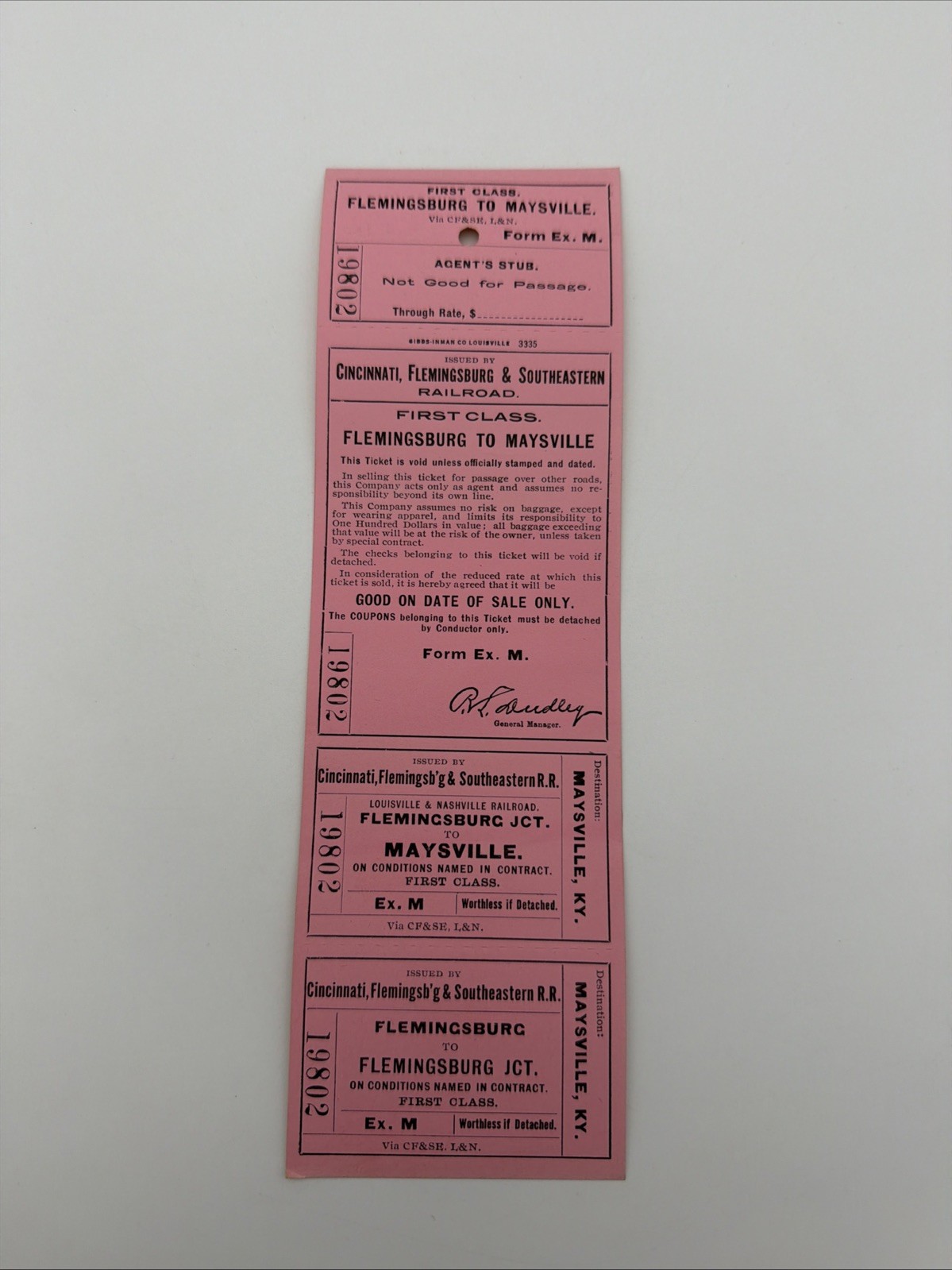 Cincinnati Flemingsburg & Southeastern Railroad Ticket Strip Maysville Kentucky 