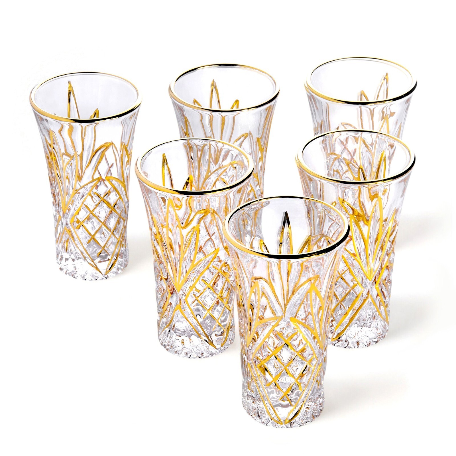 Crystal Rocks Tall Gold Shot Glasses Set of 6 Vodka Tequila Glass Set [50 ml ea]