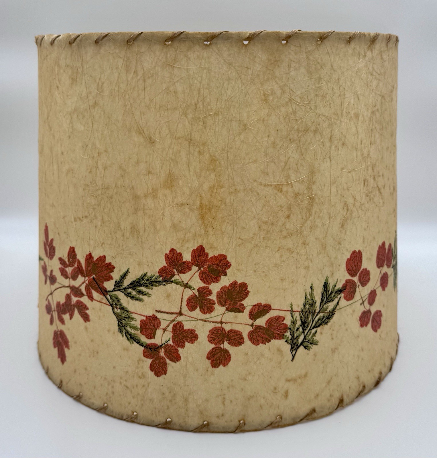 Vintage MCM Fiberglass Drum Lamp Shade Flower Botanical Nature Whipstitch 13”