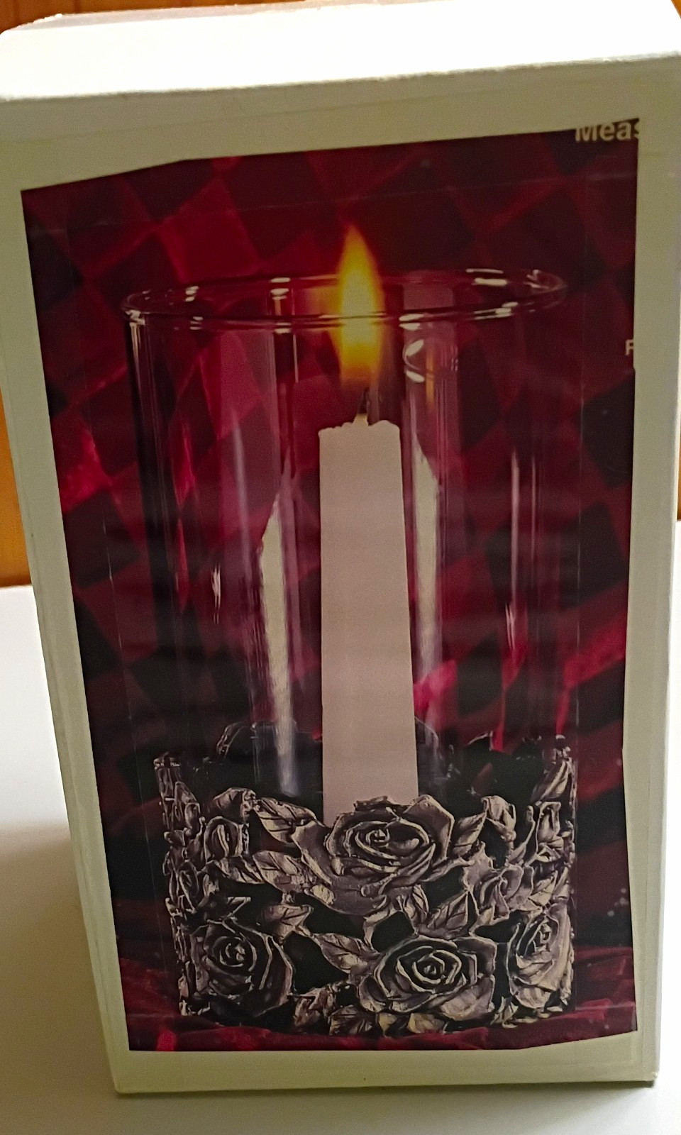 Rose Floral Glass Hurricane Shade Metal Taper Candle Holder Silver/Clear Boxed