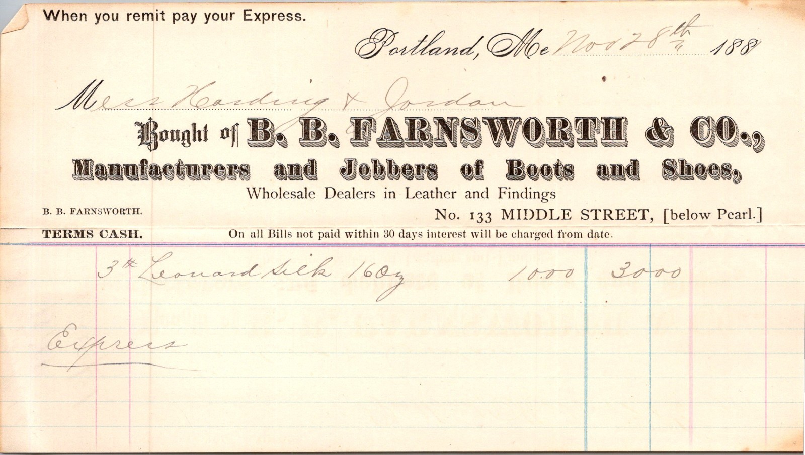 B. B. Farnsworth & Co. Portland ME Antique Letterhead Billhead 5A3