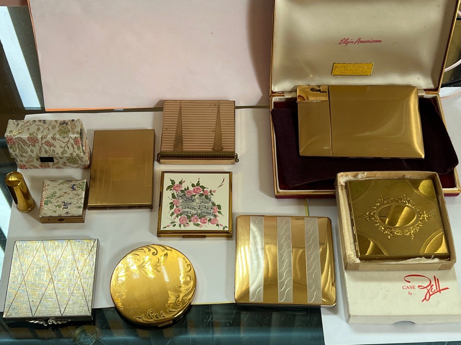 (9)  COMPACT  & CIGARETTE CASE  LOT  1950\'S  ELGIN AMERICAN - ZELL  - VOLUPTE
