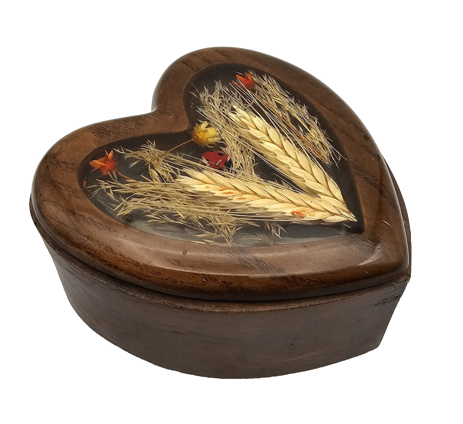 Vintage Heart Shaped Wood Trinket Box Lucite Top w Ladybug & Pressed Wheat 1970s