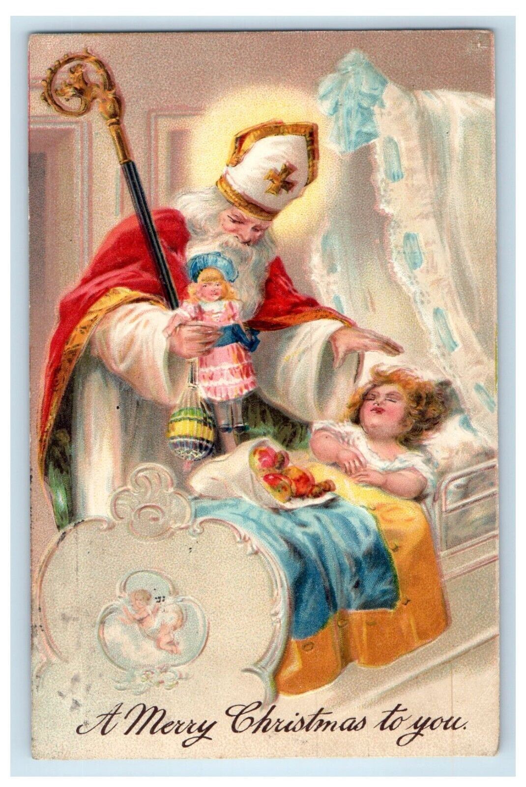c1910 Christmas White Robe Saint Old World Santa Child Girl Nikolo Doll Postcard
