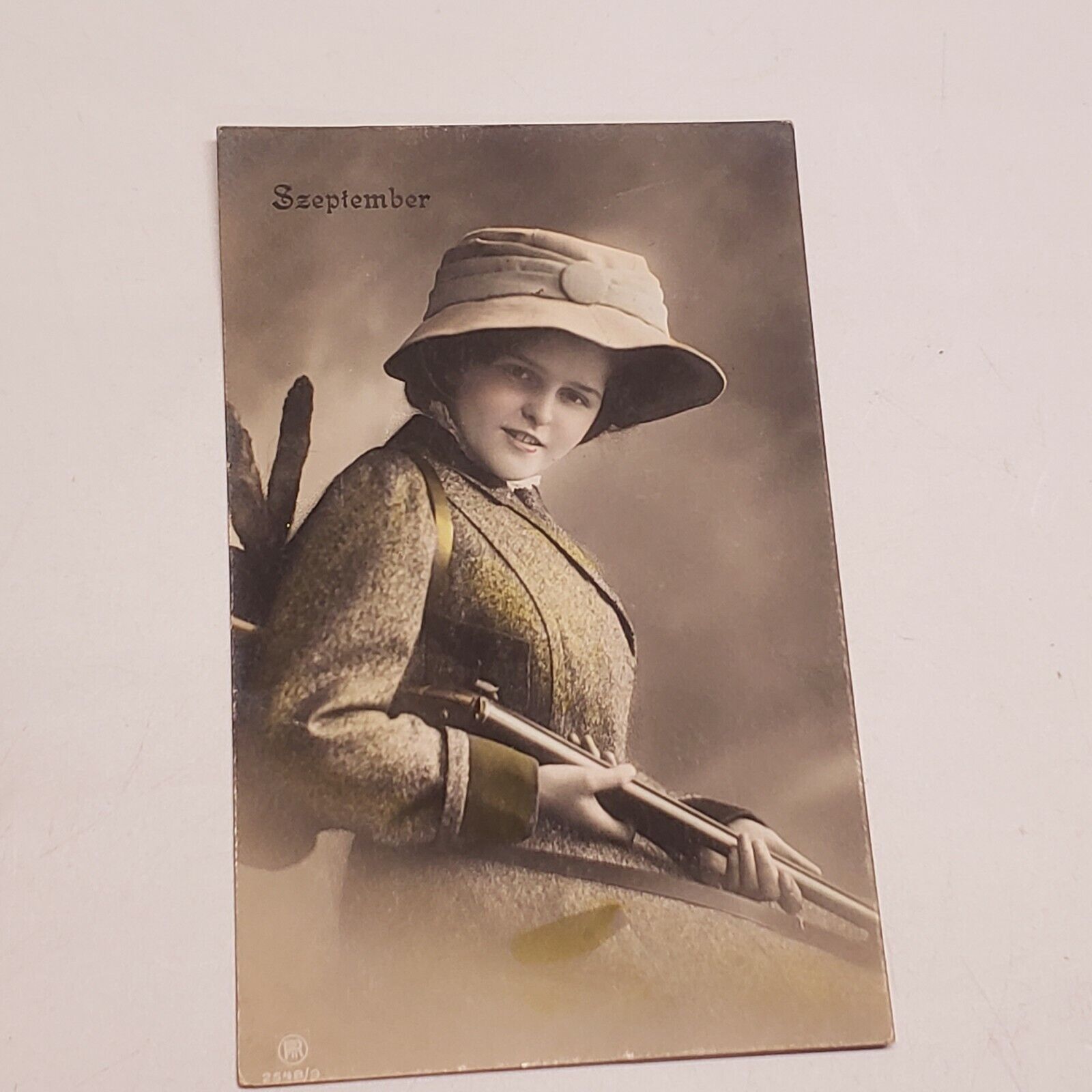 POSTCARD RPPC WOMAN SHOTGUN 1900'S  HUNTING DEER FOX 2548/9 Colorized 