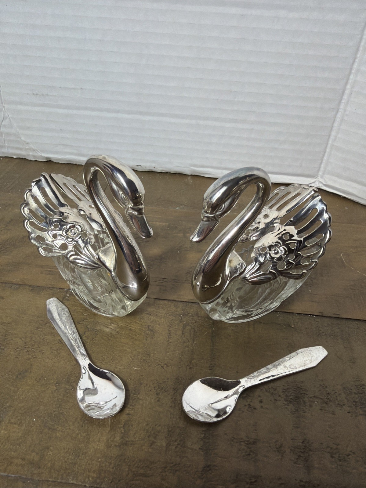 2 VTG MCM Silver Plate Crystal/Glass Articulated Swan Salt Cellars With Spoons