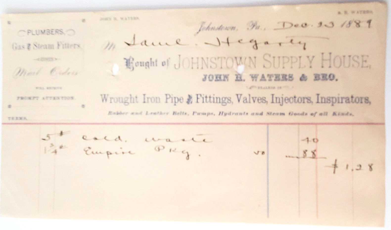 1889 Invoice, Johnston PA Supply House, John H. Waters & Bro, Iron Pipe/Fittings