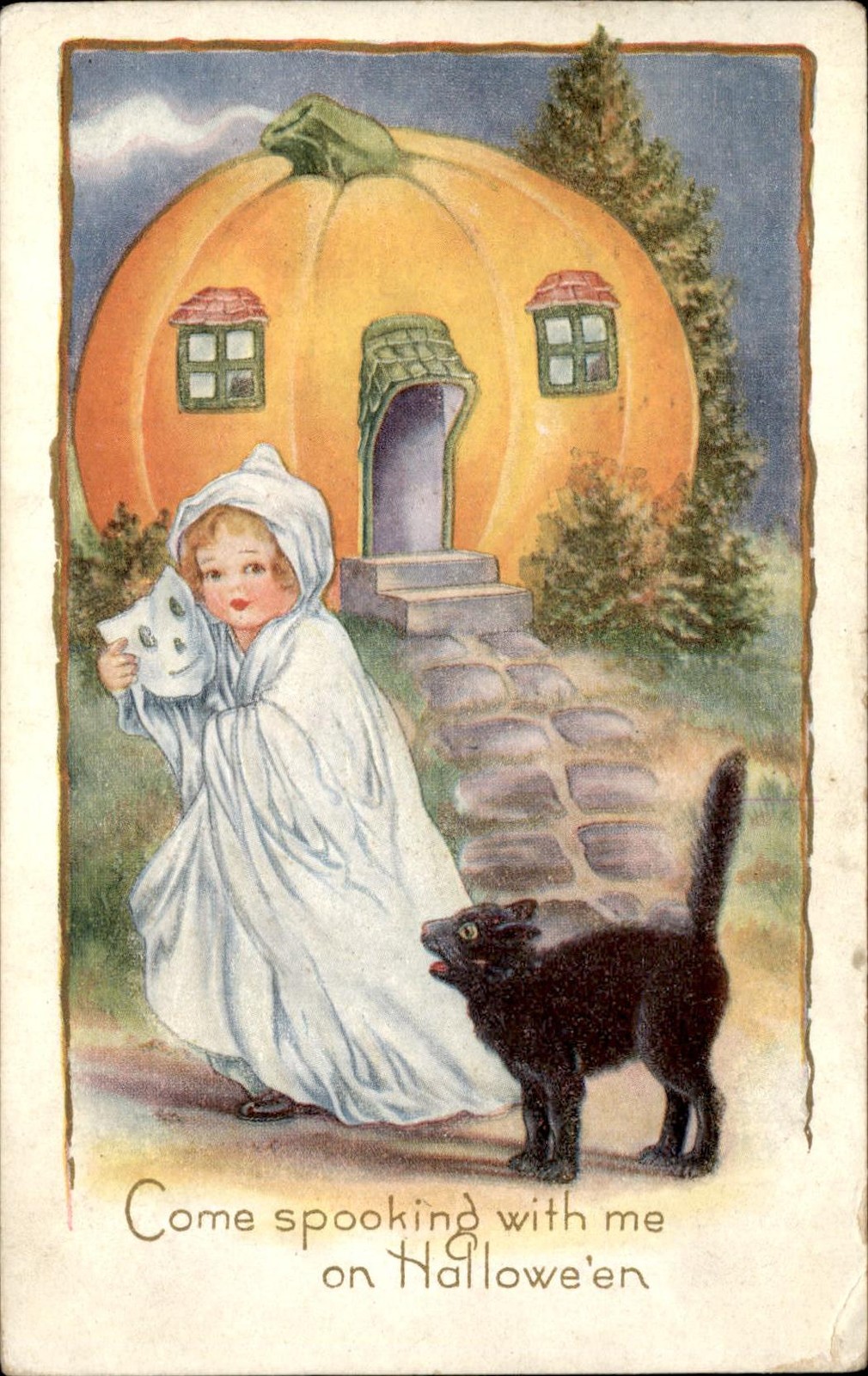 Halloween Child in Ghost Costume Pumpkin House Whitney c1900s-10s Postcard