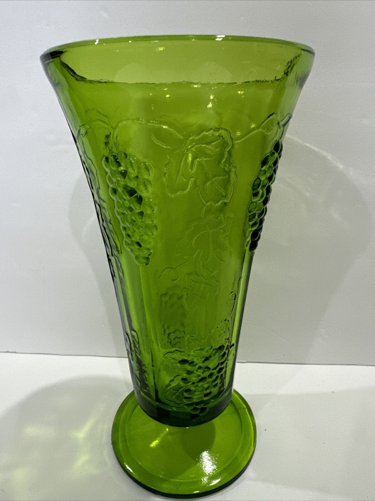 Vintage Mid-century Green Glass Vase 9.5  Tall Floral Decor w/ Pedestal Base
