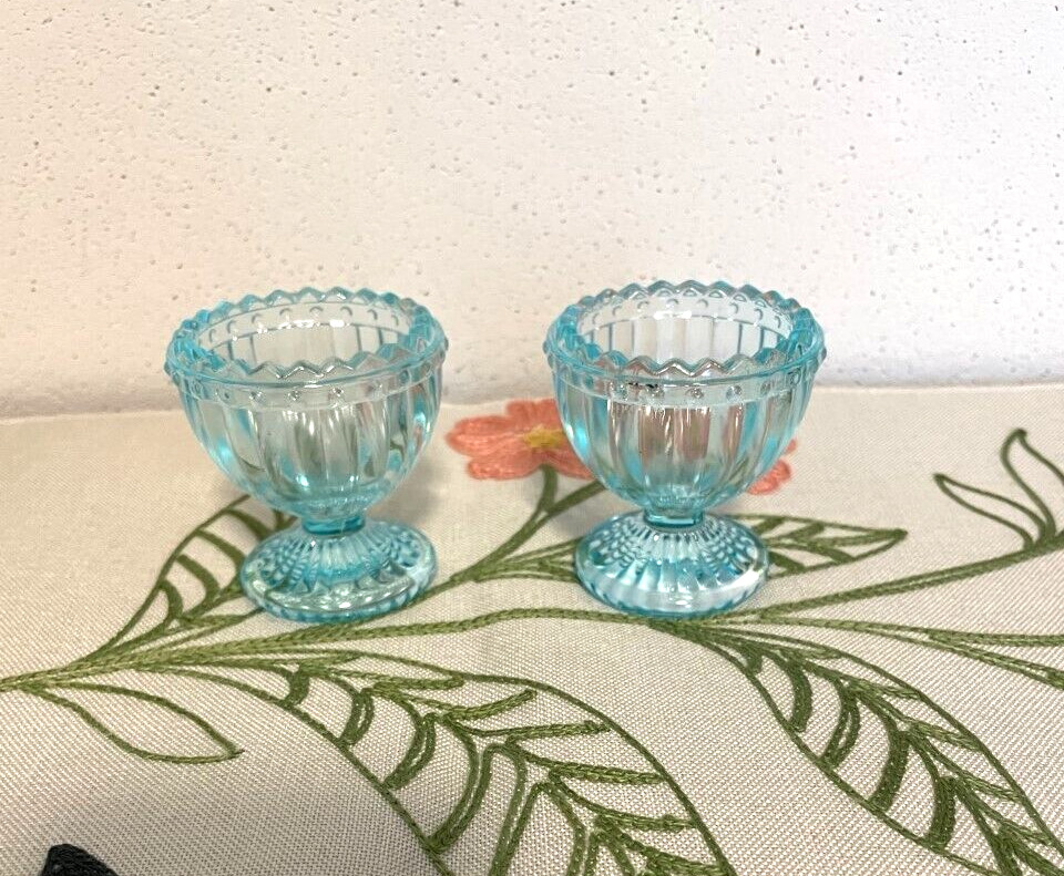 Set of 2 Blue Glass Easter Breakfast Egg Cups, depression style NWT