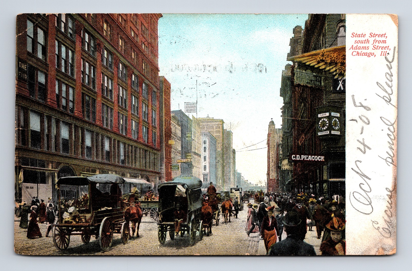 1908 State Street & Adams View Horse Buggy People Chicago Illinois IL Postcard