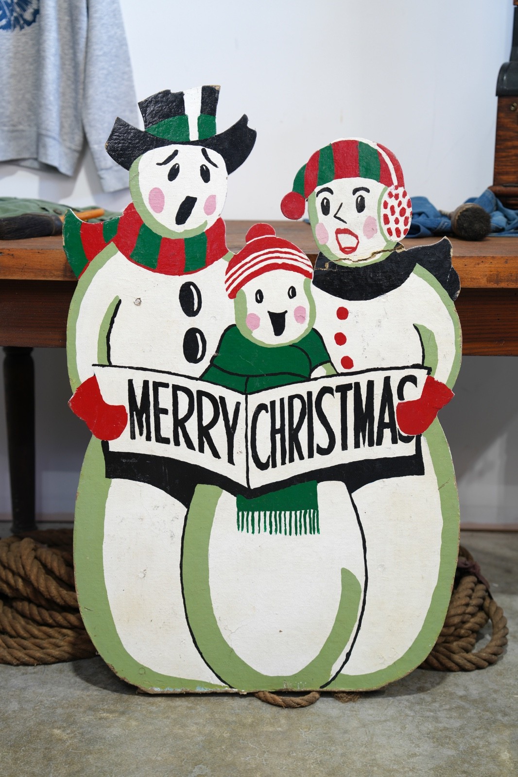 Antique Merry Christmas Snowman Store Display Decoration 1950's Vintage Sign