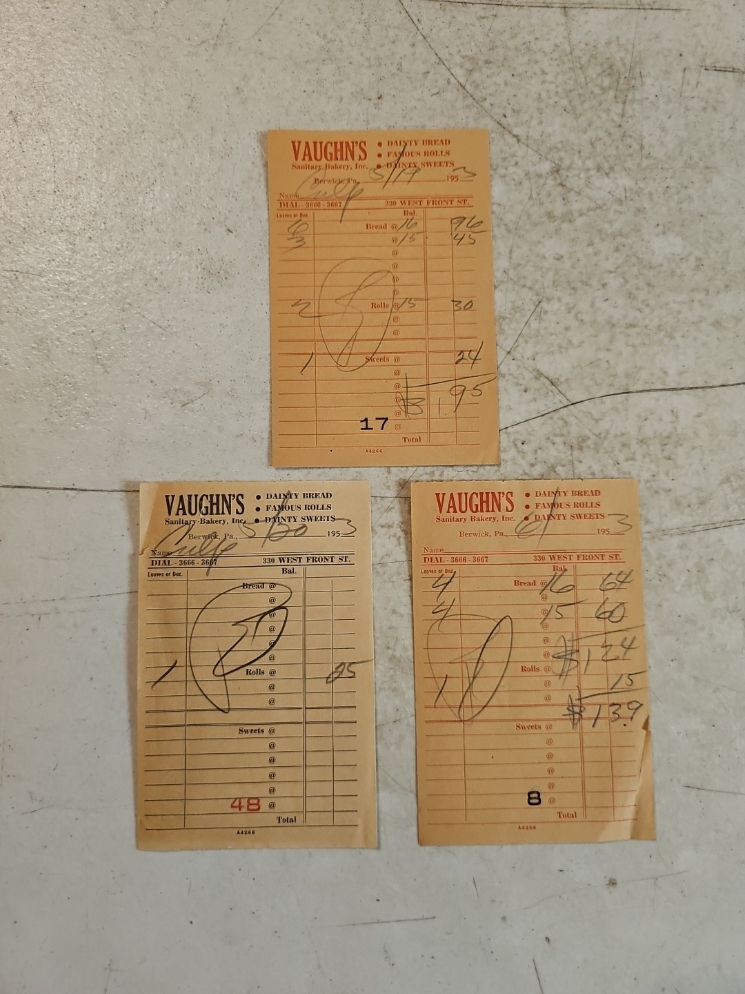 Vintage 1950's Vaughn's Sanitary Bakery Inc. Receipts. Berwick, PA