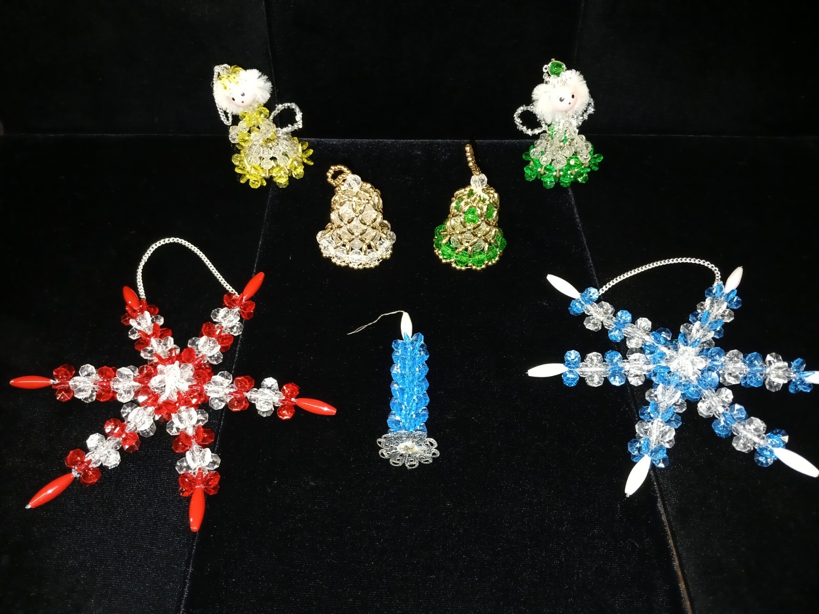 Vintage 1970\'s Beaded Christmas Ornaments Lot 7pc Starflake Star Angel Candle