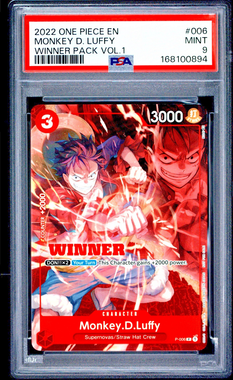 2022 ONE PIECE PROMO WINNER PACK VOL.1 STAMP #006 MONKEY D. LUFFY PSA 9 MINT
