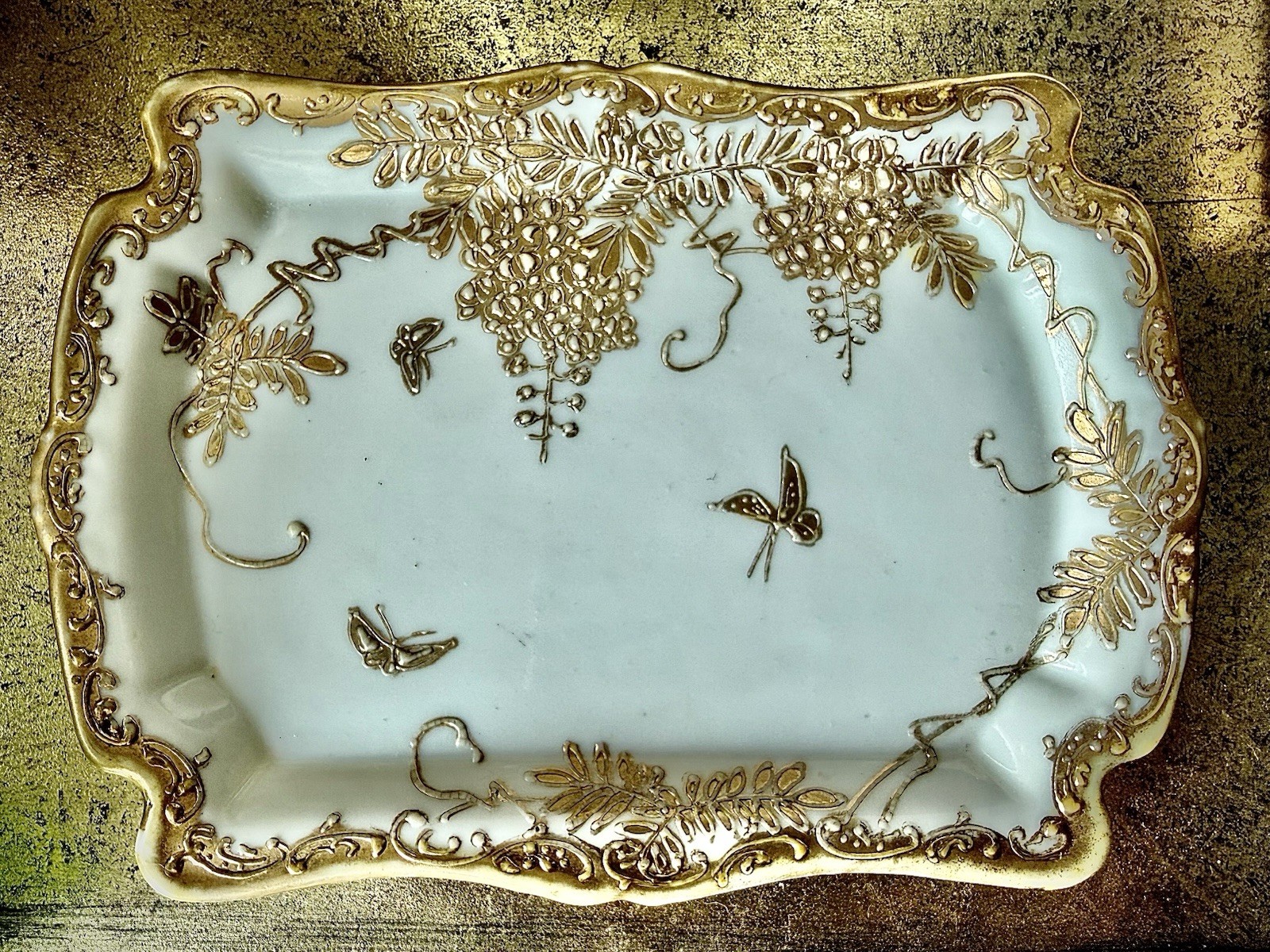 Antique Hand Painted TS Nippon Porcelain Vanity Tray Gold Moriage Wisteria Japan