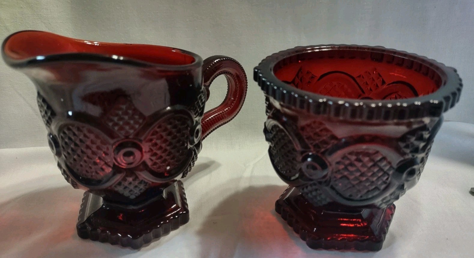 Avon Ruby Red 1876 Cape Cod , Sugar Bowl And Creamer 