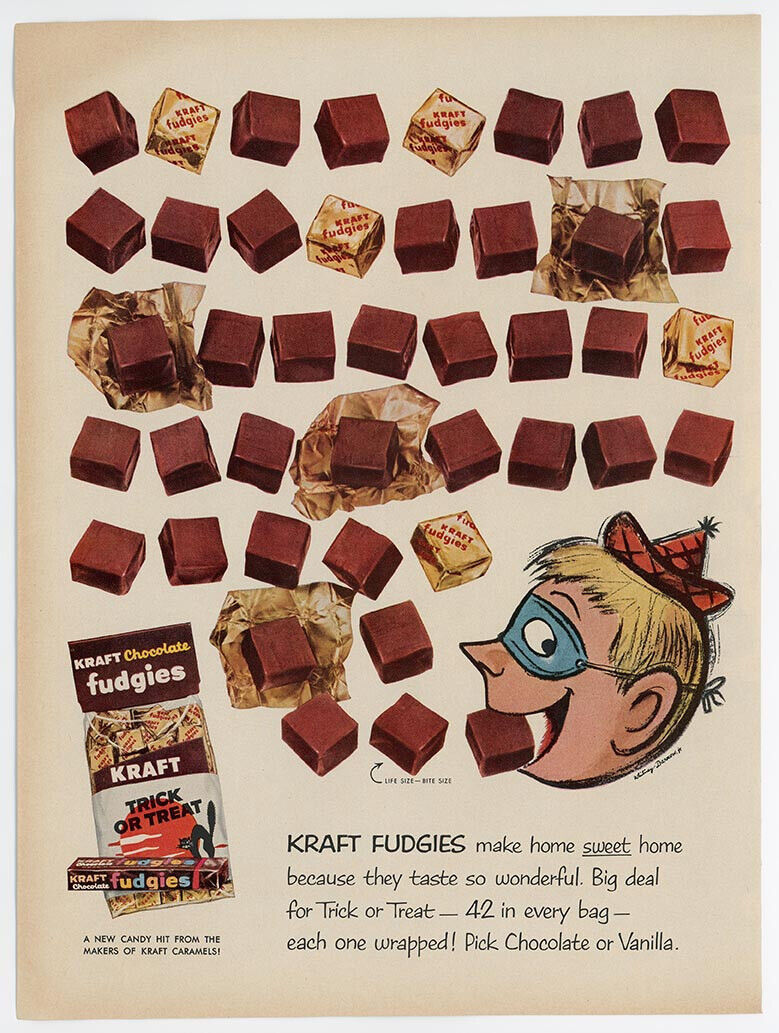 Vintage 1958 Kraft Fudgies Ad — Candy Chocolate Halloween Costume Trick Treat