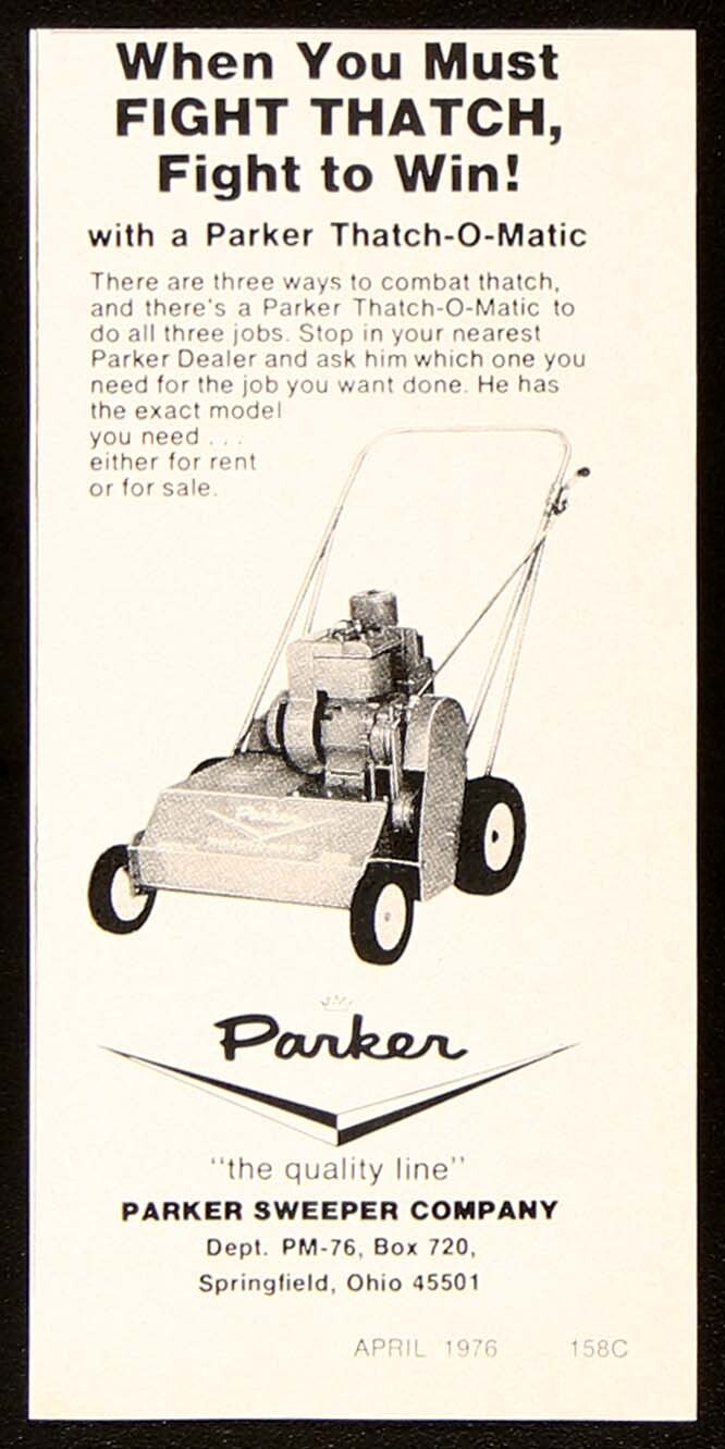 Parker Thatch-O-Matic Combat Lawn Yard Grass Thatch Vintage Print Ad 1976