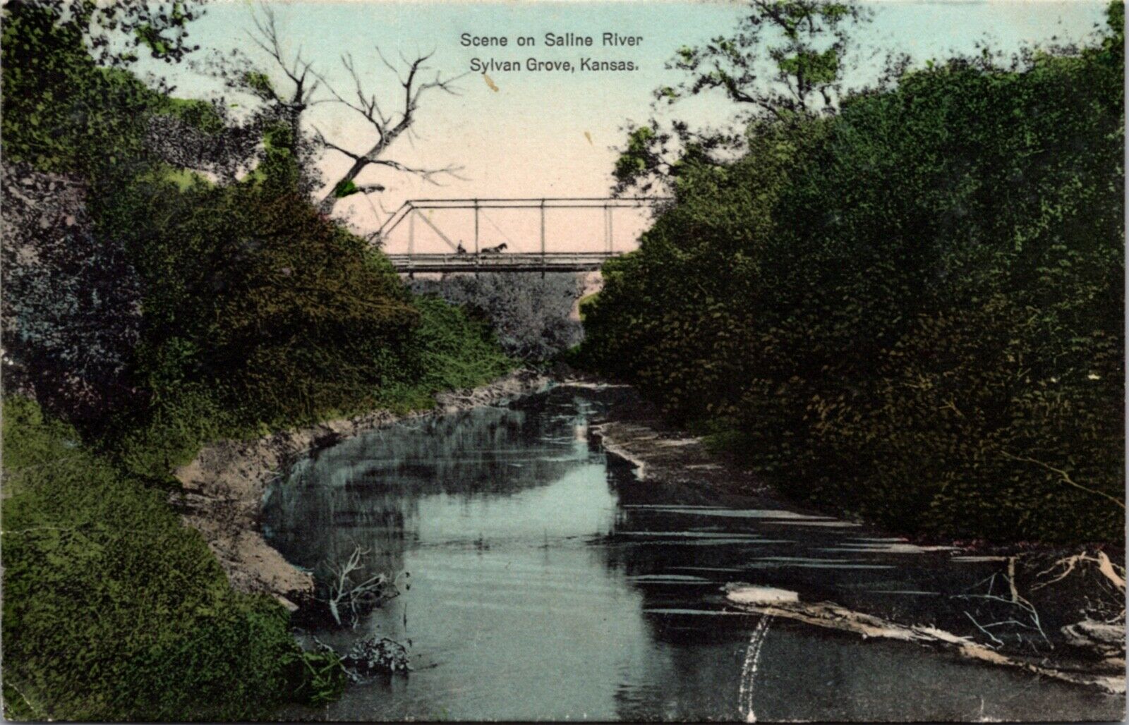 Hand Colored Postcard Scene on Saline River in Sylvan Grove, Kansas