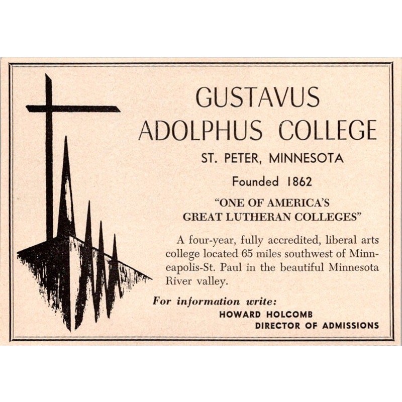 Gustavus Adolphus College 1862 Howard Holcomb St Peter MN 1963 Ad SAJ1-H4
