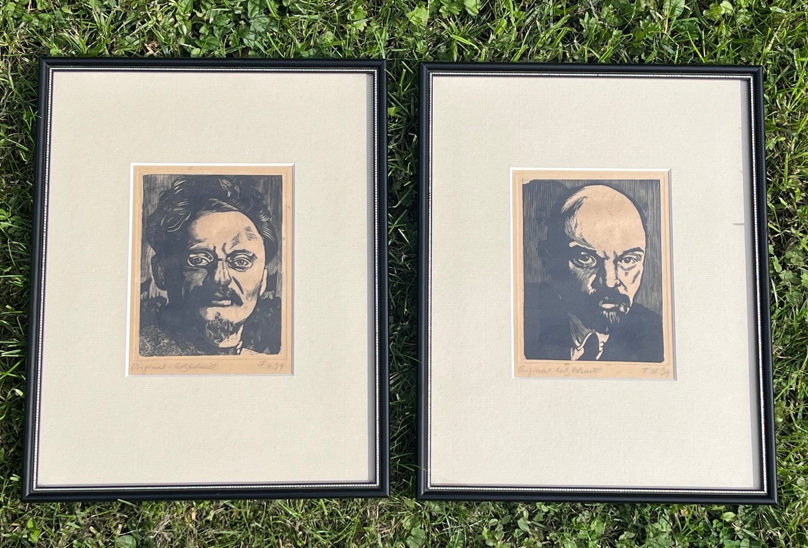 Rare Pair of Original Woodcut Portraits – Leon Trotsky & Vladimir Lenin, 1939