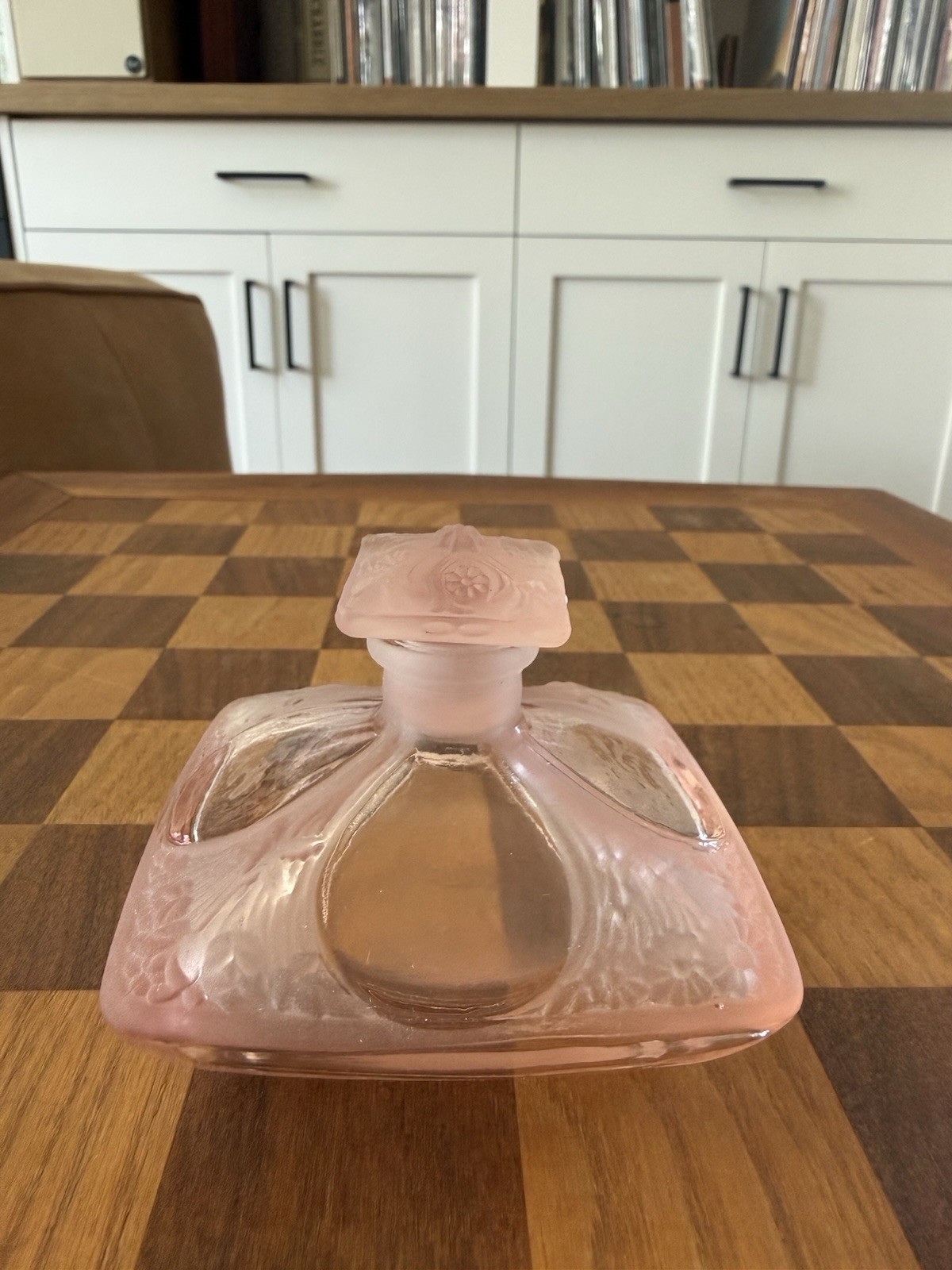 Vintage French Frosted Pink Glass Art Nouveau Perfume Bottle Floral Stopper