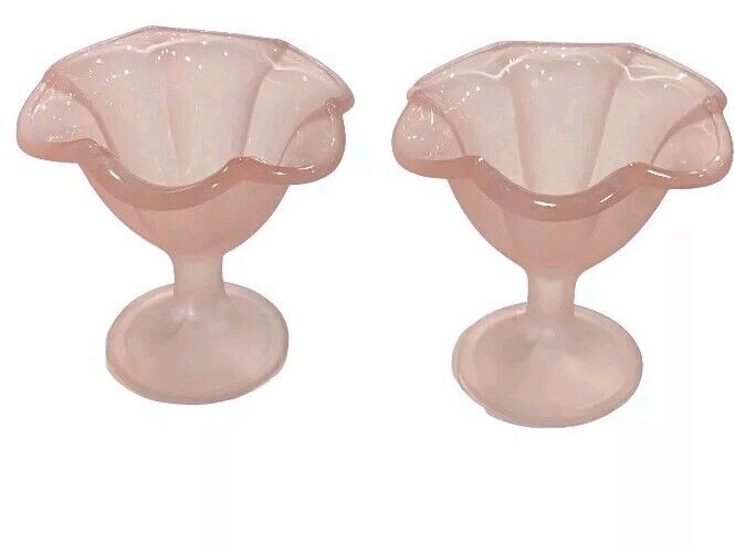 Vintage Satin Frosted Ruffled Pink Glass Martini,Ice Cream, Cocktail Or Compote