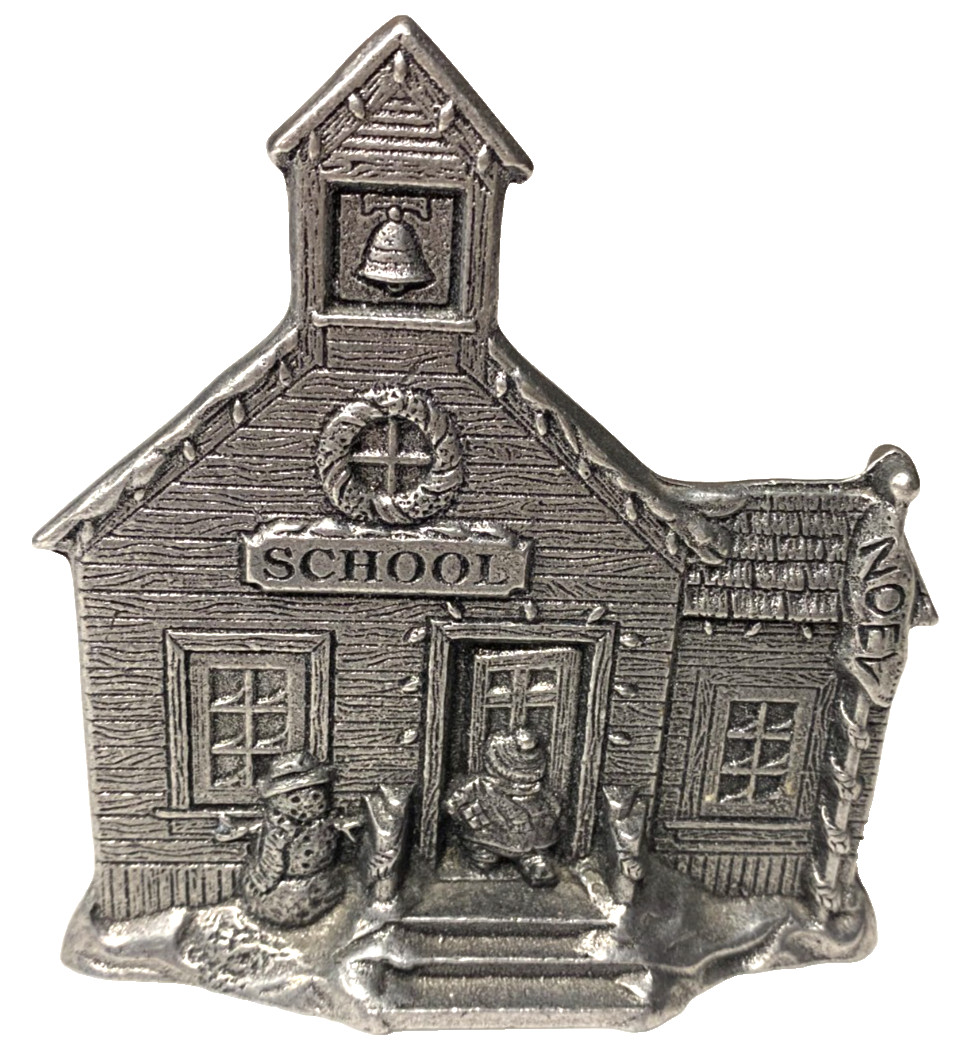Carson Pewter Schoolhouse Winter Scene Child, Snowman, Dog, Flag #1404  2 Sided