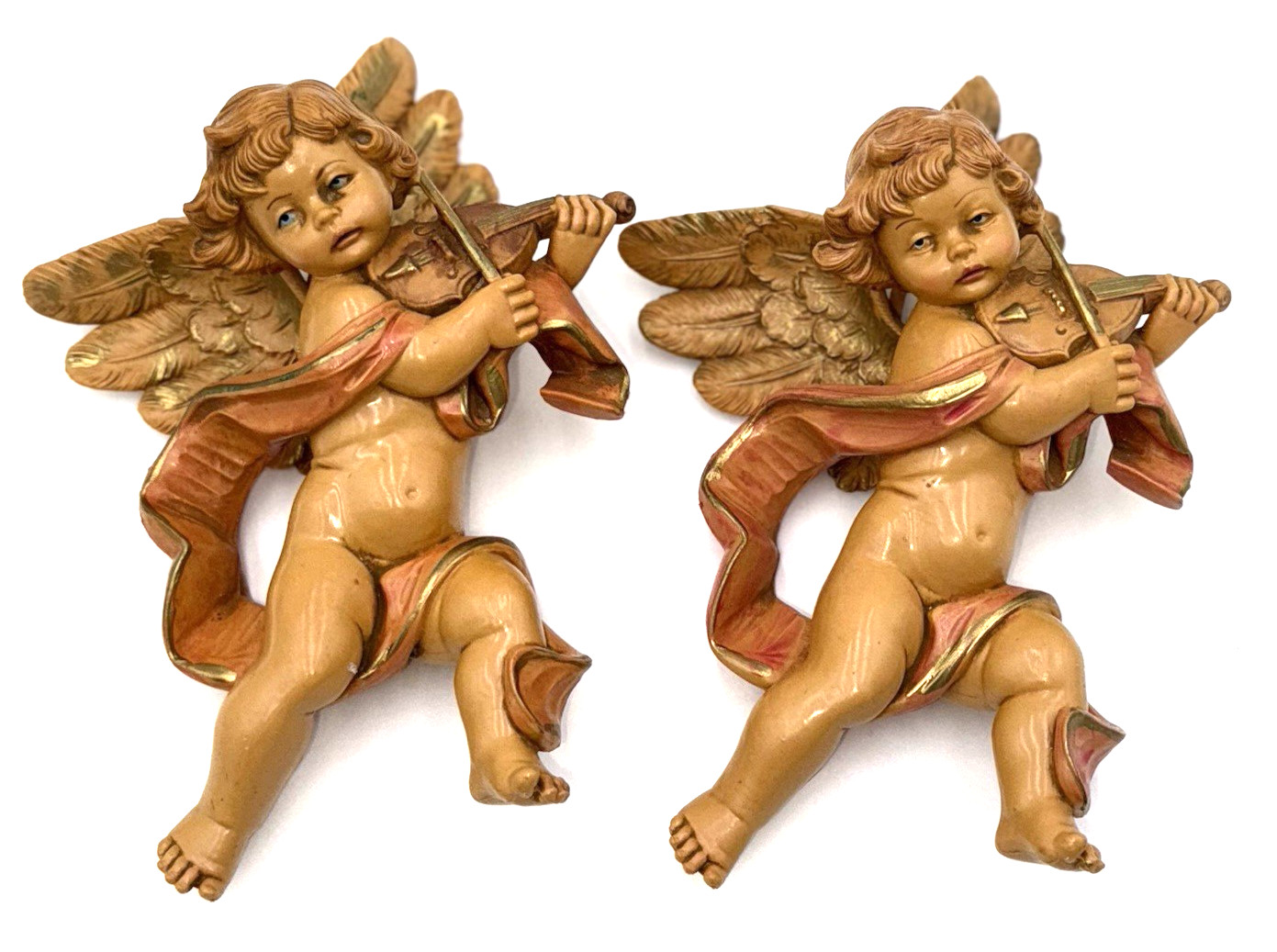 Vintage 1984 Italy Depose Simoncini Cherub Angel Wall Plaques Violin Pair 566