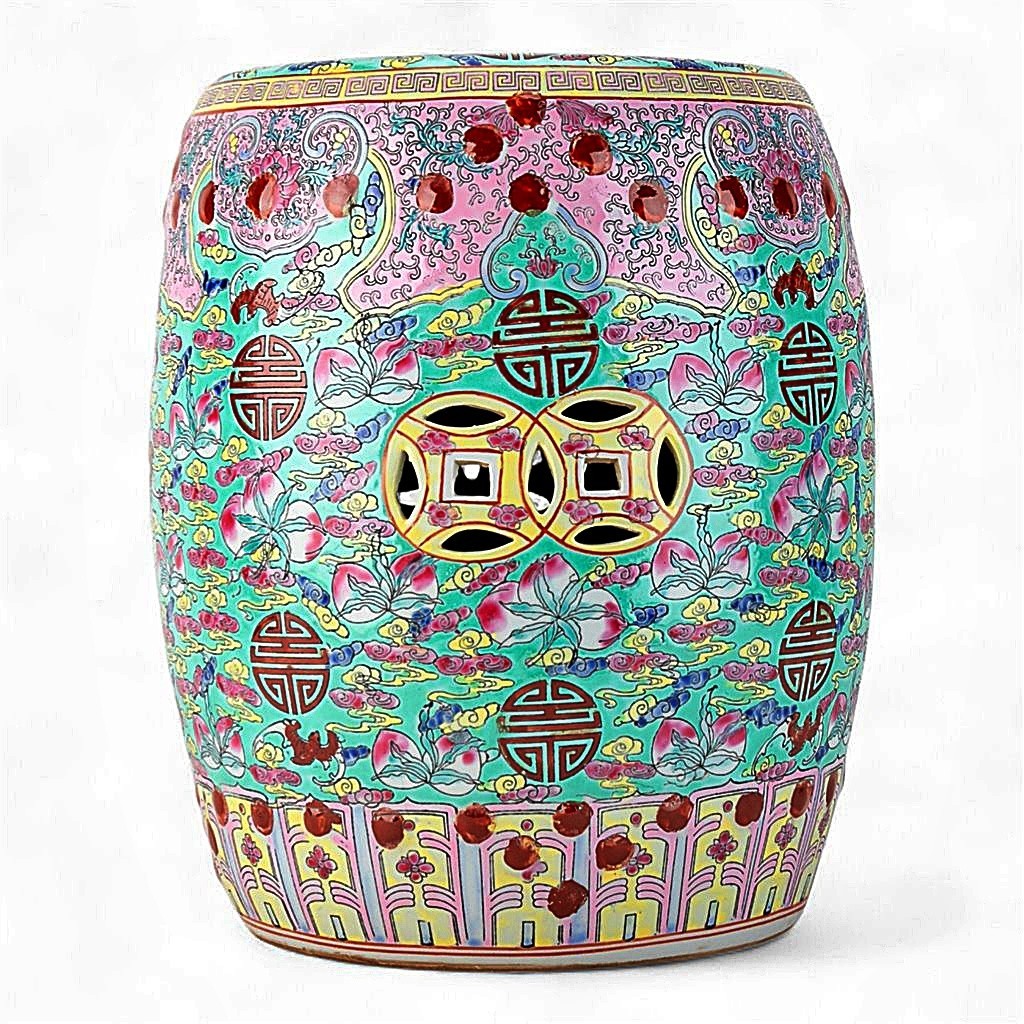 Teal-Green, Polychrome Porcelain Chinoiserie Stool. Hand Painted - 15.75\