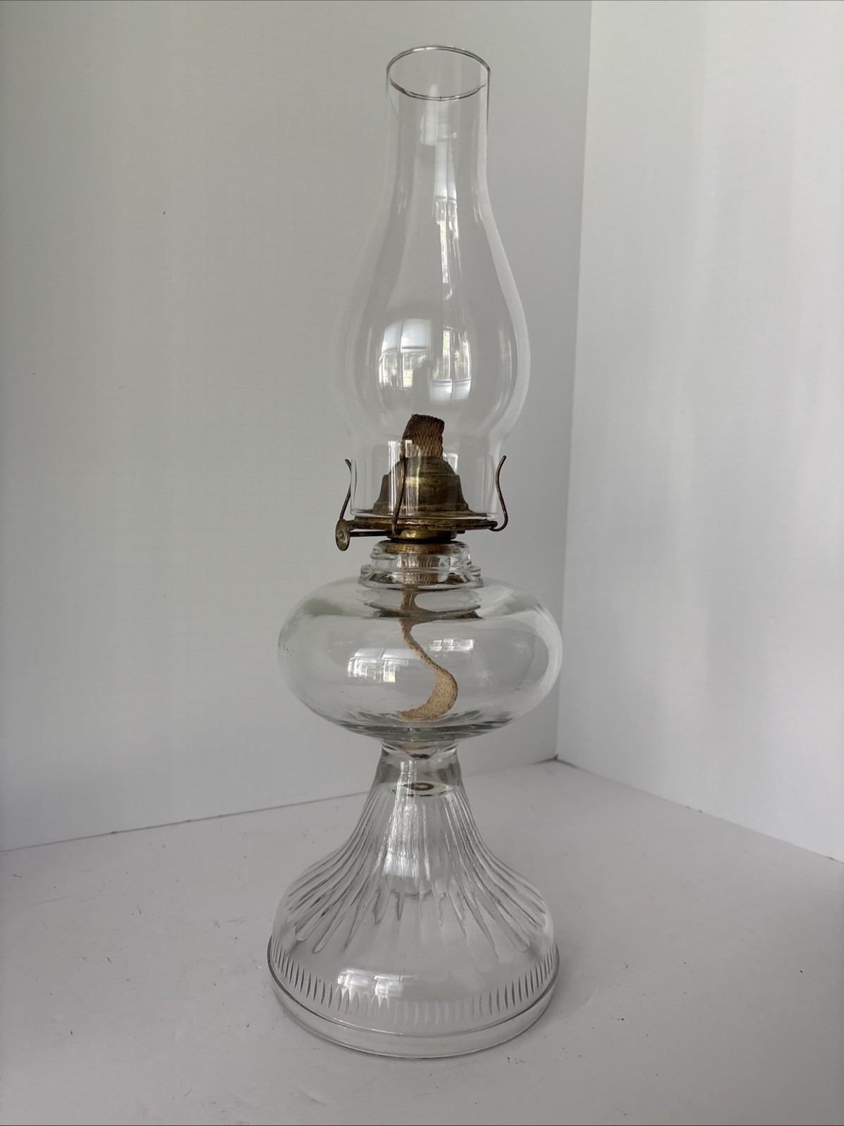 Vintage Clear Glass Kerosene Oil Lamp Ribbed Pedestal Base 18-1/2”  MCM 1960s